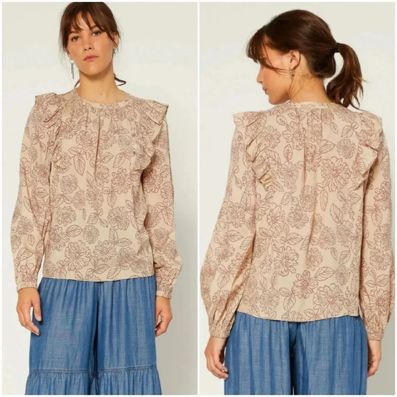 Anthropologie, New Current Air Cream Pink Floral Ruffle Blouse Top Size Large - Picture 1 of 15